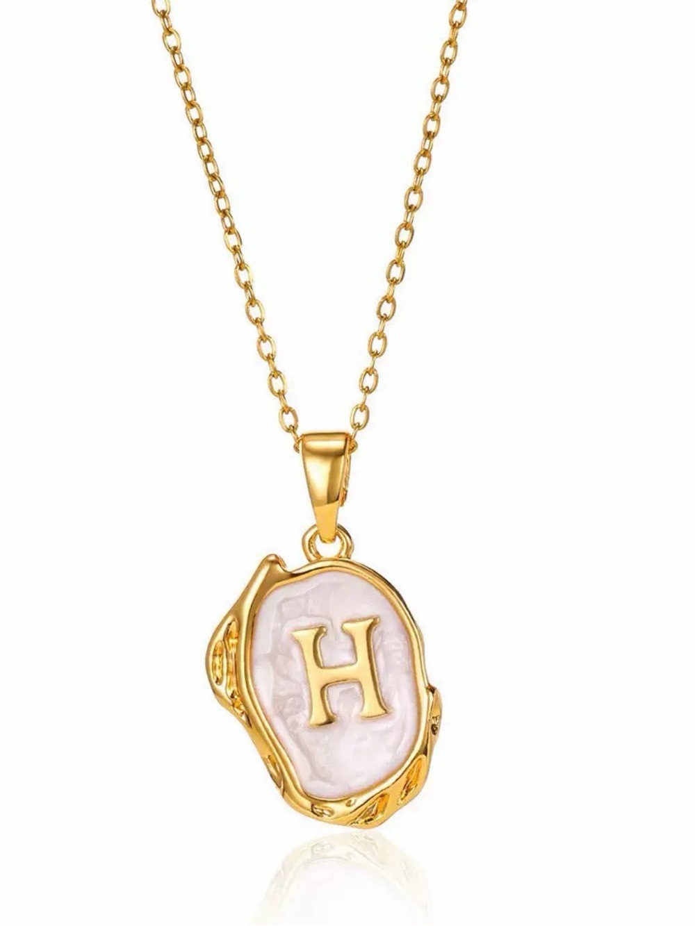 Gold Plated Initial H Pendant Necklace Adjustable Chain Pearl Shell Look